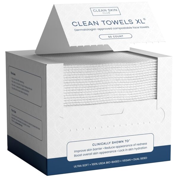 Clean Skin Club Clean Towels XL™, 100% USDA Biobased Face Towel, Disposable Face Towelette, Eczema Association Accepted, Makeup Remover Dry Wipes, Ultra Soft, 50 Ct, 1 Pack - Image 2