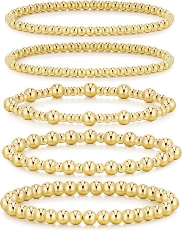 adoyi Gold Bracelets for Women Waterproof, 14K Gold Plated Beaded Strand Bead Ball Bracelets stack Adjustable Jewelry Set for Gifts - Image 2