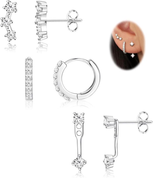 FIASASO Sterling Silver Earrings for Women Trendy 3 Pairs Hypoallergenic Stud Hoop Cartilage Earrings Set Small 925 Earring Stacks Cute Studs Huggie Earring Dainty Silver Jewelry for Sensitive Ears Non Tarnish - Image 2