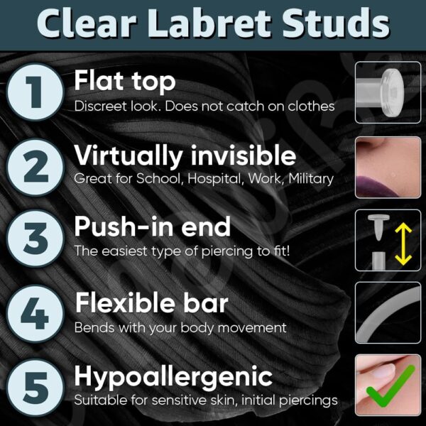 16g Clear Earrings for Sports, Work, Surgery - Bioflex Labret Clear Piercing Retainers 10pc Set - Plastic Clear Piercings Stud Earrings for Cartilage Helix Tragus Lip Medusa Monroe (6mm, 8mm, 10mm, 12mm) - Image 9
