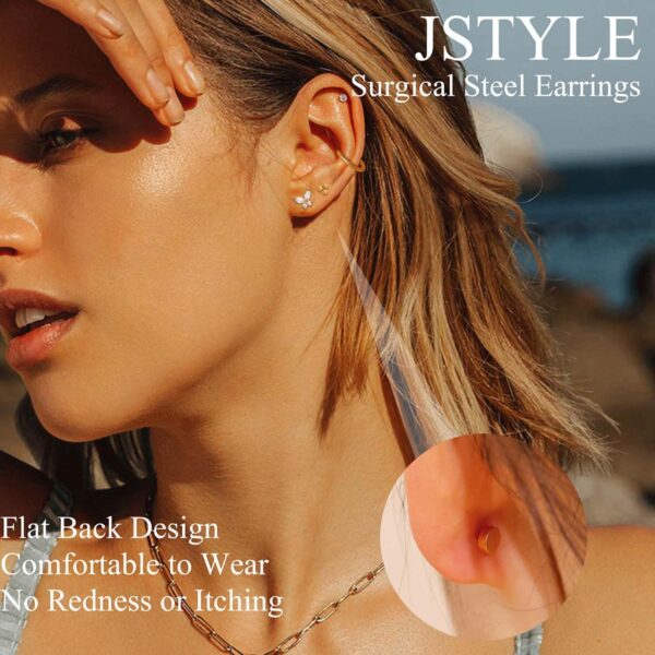 Jstyle Hypoallergenic Surgical Steel Earrings for Sensitive Ears 14K Gold Flat Back Earrings for Women Men Small Stainless Steel Earrings Flatback Stud Hoop Cartilage Earring Set for Multiple Piercing - Image 3