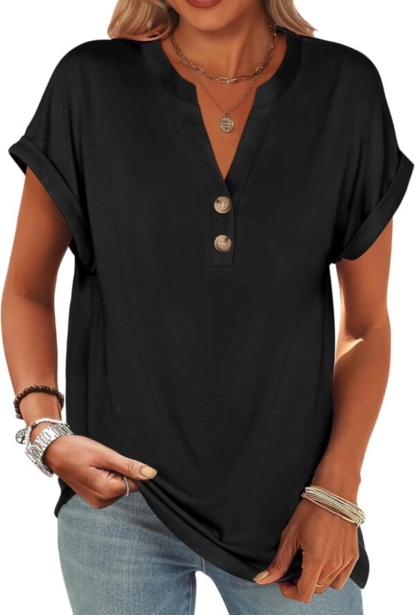 ANRABESS Womens Short Sleeve Henley Tops V Neck Dressy Casual Loose Fit Shirts Summer Flowy Blouses 2025 Trendy Clothes - Image 2