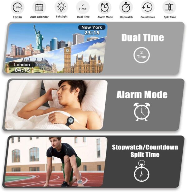 Beeasy Digital Watch Waterproof with Stopwatch Alarm Countdown Dual Time, Ultra-Thin Super Wide-Angle Display Digital Wrist Watches for Men Women - Image 4
