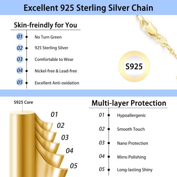 Jewlpire Solid 18k Gold Over 925 Sterling Silver Chain Necklace for Women, 1.1mm Cable Chain Necklace Thin & Dainty & Sturdy Women's Chain Necklaces, 14/16/17/18/20/22/24 Inches - Image 5