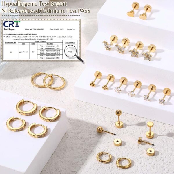 Jstyle Hypoallergenic Surgical Steel Earrings for Sensitive Ears 14K Gold Flat Back Earrings for Women Men Small Stainless Steel Earrings Flatback Stud Hoop Cartilage Earring Set for Multiple Piercing - Image 4