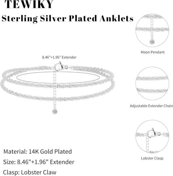 Tewiky Sterling Silver Ankle Bracelets for Women,Dainty Layered Waterproof Anklet for Women Adjustable Sparkly Herringbone Beaded Rope Chain Set Stackable Cute Summer Beach Jewelry Gift - Image 7
