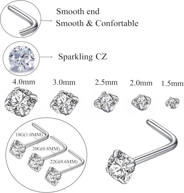 316L Surgical Steel 22g/20g/18g Nose Rings Studs L-Shape Nose Nostrial Piercing Body Jewerly L Shaped Nose Studs 1.5mm 2mm 2.5mm 3mm CZ Nose Screw Studs Rings for Women - Image 6