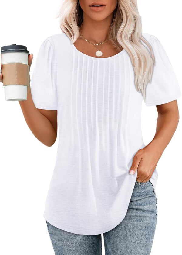 OFEEFAN Womens T Shirts Short Sleeve Pleated Dressy Casual Scooped Neck Summer Tops Blouses - Image 2