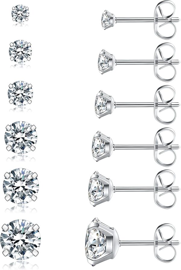 6 Pairs Stud Earrings Set, Hypoallergenic Cubic Zirconia 316L Earrings Stainless Steel CZ Earrings 3-8mm (Steel color) - Image 2