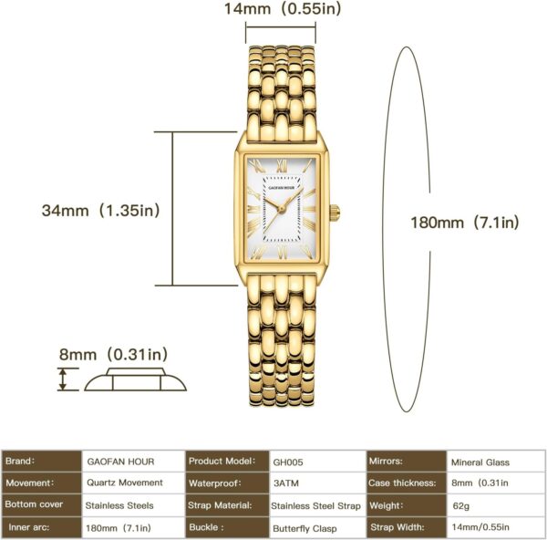 Gold Watches for Women with Vintage Rectangular Case,White Roman Dial,Stainless Steel Band,Adjustment Tool Included,Water Resistant - Image 5