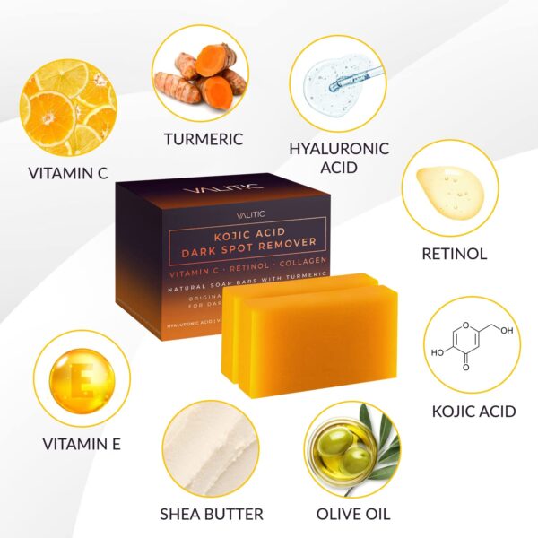 VALITIC Kojic Acid Dark Spot Remover Soap Bars with Vitamin C, Retinol, Collagen, Turmeric - Original Japanese Complex Infused with Hyaluronic Acid, Vitamin E, Shea Butter, Castile Olive Oil (2 Pack) - Image 7
