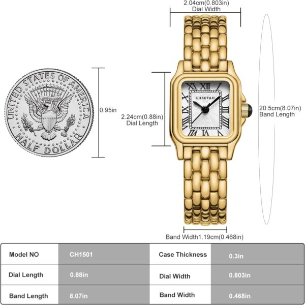 Gold Watches for Women with Small Vintage Bracelet, Rectangular Case Roman Dial - Image 6