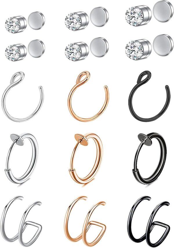 Fake Nose Ring Hoop Fake Nose Stud Magnetic Septum Nose Ring Stud Stainless Steel CZ Fake Nose Piercing Stud Faux Nose Ear Lip Cuffs Non Pierced Jewelry for Women Men - Image 2