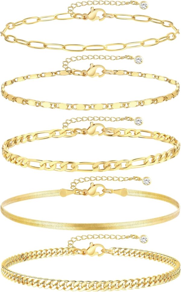 iF YOU Gold Ankle Bracelets for Women, 14k Gold Plated Waterproof Cuban Link Chain Anklets Set, Layered Anklet Bracelets for Women Beach Gift Adjustable Size 5pc - Image 2