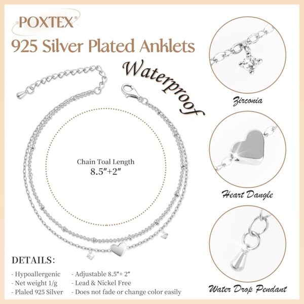Sterling Silver Anklet Bracelets for Women Waterproof, 925 Sliver Plated CZ & Heart Charm Dainty Layer Anklets for Women Trendy, Simple Chain Anklets Set Gifts for Women, Jewelry Gifts for Her Women Mom Wife Girlfriend - Image 4