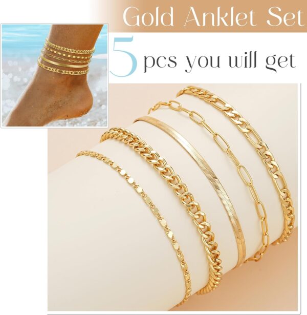 iF YOU Gold Ankle Bracelets for Women, 14k Gold Plated Waterproof Cuban Link Chain Anklets Set, Layered Anklet Bracelets for Women Beach Gift Adjustable Size 5pc - Image 6
