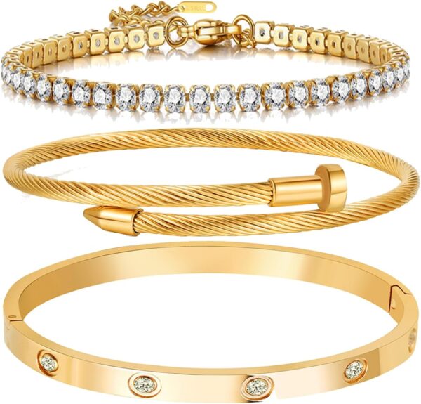 A D. ALLEN & DANMI. 18 K Gold Plated Love Bangle Bracelet Set Flexible Wide Wristband Bangle Bangle Set for Love - Image 2