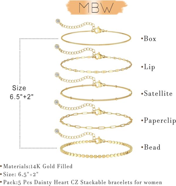 Gold Bracelets for Women, 14K Dainty Gold Plated Stackable Bracelets for Women Trendy Waterproof CZ Tennis Bracelet Set Tiny Heart Paperclip Box Chain Adjustable Bracelets Minimalist Cute Jewelry - Image 6