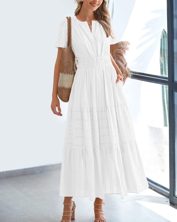 BTFBM Womens Summer 2025 Casual Midi Maxi Dresses Lightweight Short Sleeve V Neck Elastic Waist Boho Beach Dress Pockets - Image 3