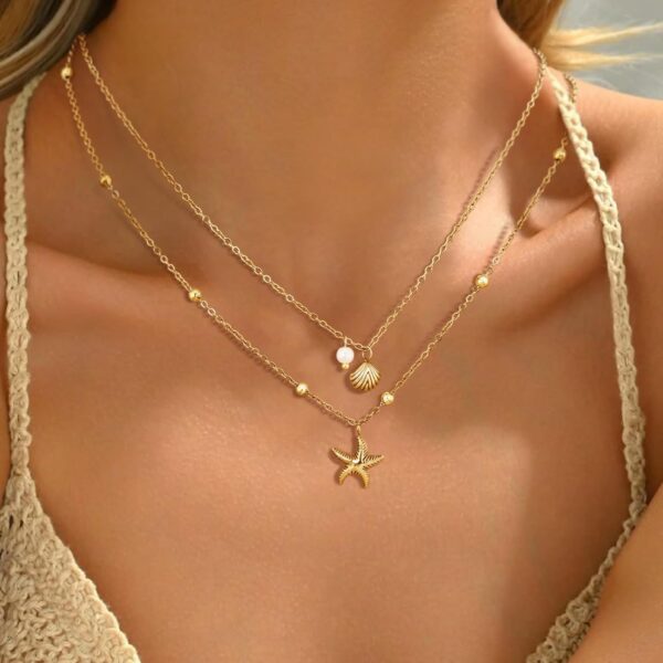Shell Necklace for Women,14k Gold Plated Layered Starfish Conch SeaShell Pearl Pendant Charm Necklace,Non Tarnish Adjustable Stainless Steel Chain Stack Jewerly for Summer Beach Vacation - Image 5