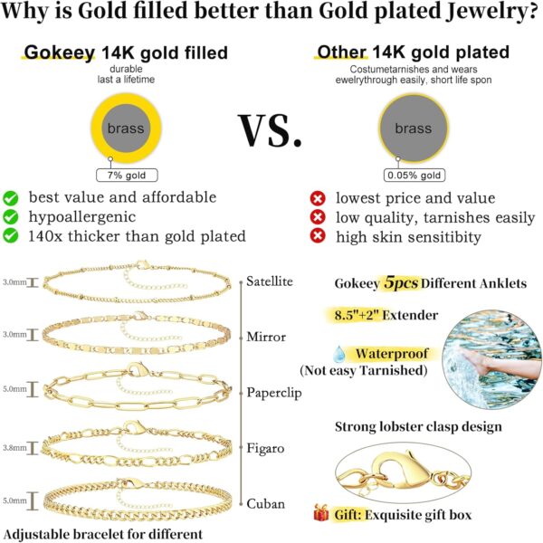 Ankle Bracelets for Women, 14k Gold Jewelry Set Waterproof Layered Cuban Figaro Link Chain Anklets Set Gold Anklets Summer Boho Beach Jewelry Gift Adjustable Size - Image 4