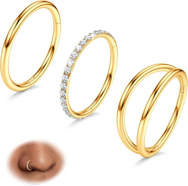 BodyBonita 3pcs Nose Rings Hoops - 316L Surgical Steel Double Hoop Nose Rings 14G/16G/18G/20G Hinged CZ Piercing Jewelry Septum Clicker Rings Cartilage Earring Helix Rook Tragus Daith 7mm/8mm/9mm/10mm - Image 2