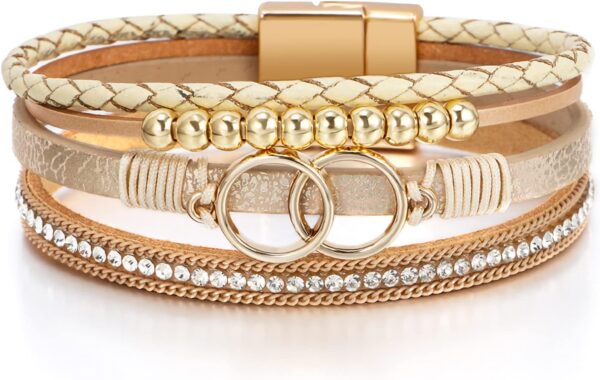 Fesciory Leopard Bracelet for Women, Boho Leather Wrap Multi-Layer Pearl Crystal Bracelet Bangle Jewelry - Image 2