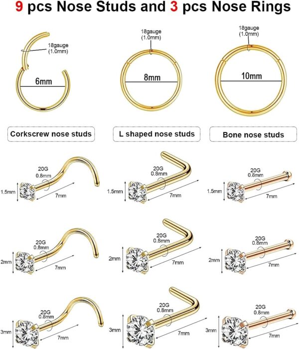 18g Nose Rings Hoop and 20g Nose Studs Sets for Women Men,Hypoallergenic 316L Surgical Stainless Steel Hinged Clicker Segment Nose Rings Hoop Helix Cartilage Daith Tragus Sleeper Earrings Silver Gold Black L Shape/Corkscrew/Straight Nose Studs Real Body Piercing Jewelry - Image 3