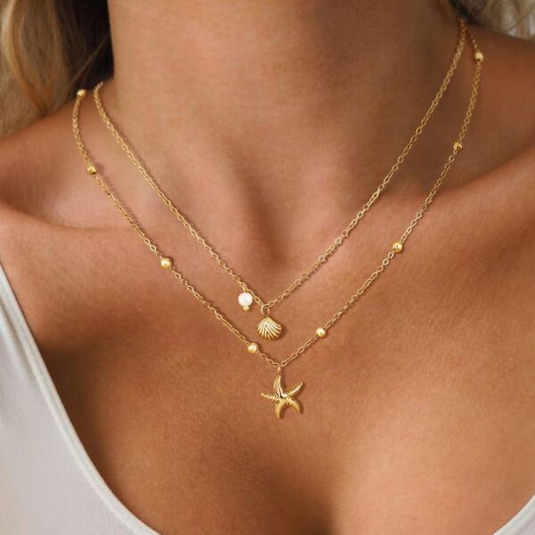 Shell Necklace for Women,14k Gold Plated Layered Starfish Conch SeaShell Pearl Pendant Charm Necklace,Non Tarnish Adjustable Stainless Steel Chain Stack Jewerly for Summer Beach Vacation - Image 7