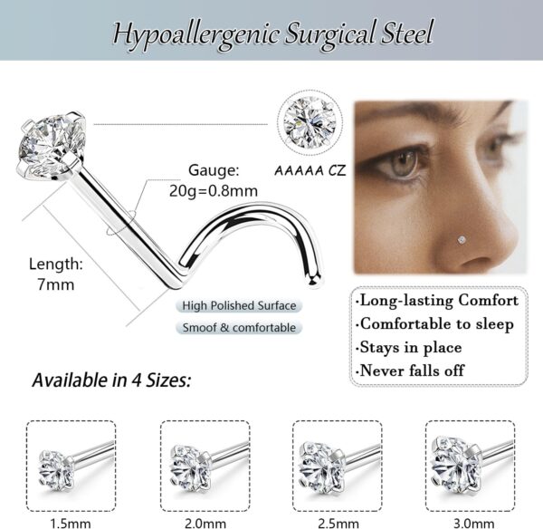 Nose Rings Studs: 8Pcs 20G Gold/Silver 316L Surgical Stainless Steel Nose Studs Hypoallergenic Corkscrew Nose Piercing Stud Jewelry for Women Men Clear Cubic Zirconia Imitation Diamond Top Size 1.5mm 2mm 2.5mm 3mm - Image 2