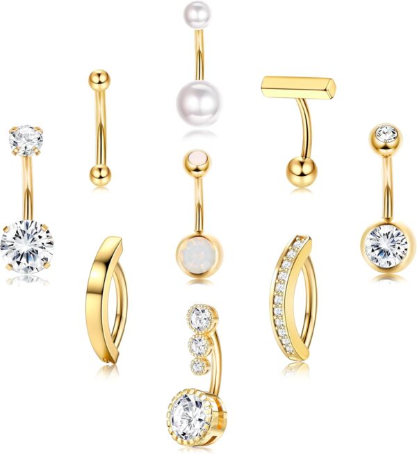 FIASASO 9 Pcs Gold Belly Button Ring - Surgical Stainless Steel CZ Opal Pearl Clicker Piercings for Women Navel Pack Silver/Gold - Image 2