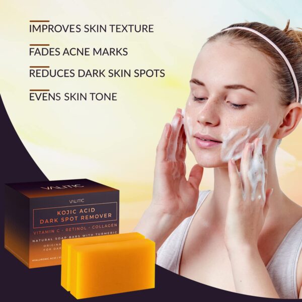 VALITIC Kojic Acid Dark Spot Remover Soap Bars with Vitamin C, Retinol, Collagen, Turmeric - Original Japanese Complex Infused with Hyaluronic Acid, Vitamin E, Shea Butter, Castile Olive Oil (2 Pack) - Image 6
