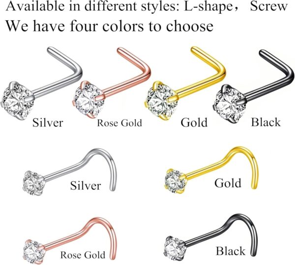 316L Surgical Steel 22g/20g/18g Nose Rings Studs L-Shape Nose Nostrial Piercing Body Jewerly L Shaped Nose Studs 1.5mm 2mm 2.5mm 3mm CZ Nose Screw Studs Rings for Women - Image 5