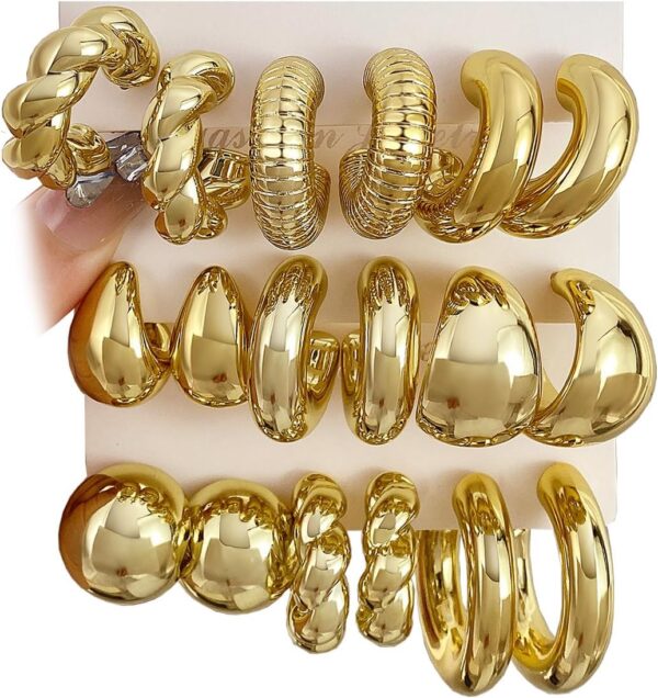 IFKM 24 Pairs Gold Hoop Earrings Set for Women Hypoallergenic Chunky Chain Twisted Open Hoops Dangle Earring Packs for Birthday Party Christmas Fashion Jewelry Gift - Image 2