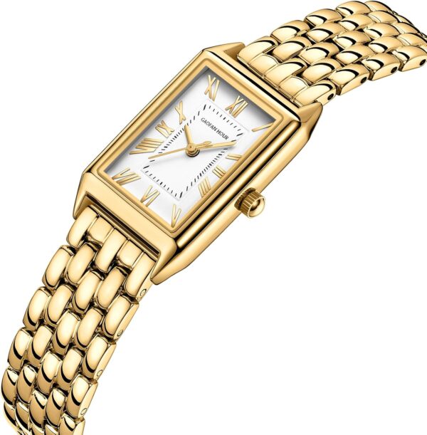 Gold Watches for Women with Vintage Rectangular Case,White Roman Dial,Stainless Steel Band,Adjustment Tool Included,Water Resistant - Image 3
