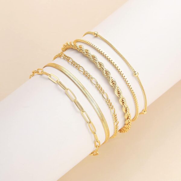 DEARMAY Gold Bracelets for Women Waterproof, 14K Real Gold Jewelry Sets Trendy Thin Dainty Stackable Cuban Link Paperclip Chain Bracelet Pack Fashion Accessories Gifts for Womens - Image 7