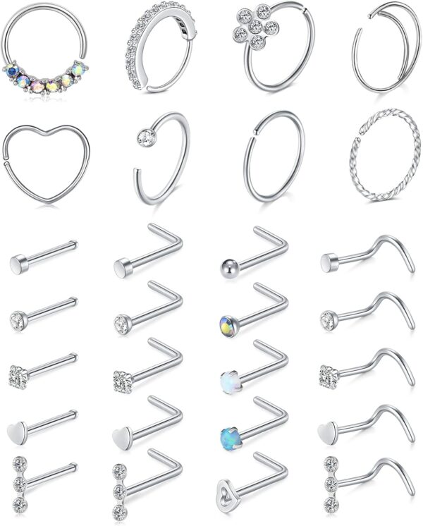 Mayhoop 20g Stainless Steel Nose Rings Hoop L Shape Nose Studs Nose Screw Bone Silver Rose Gold Black Rainbow Pack for Women Men 28Pcs - Image 2