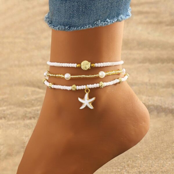 Bead Ankle Bracelets Set For Women, Adjustable Gold Boho Shell Anklet, Hawaiian Beach Seashell Pearl Disc Starfish Conch Foot Jewelry, Summer Fashion Gifts - Image 5