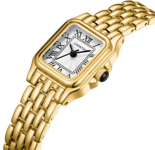 Gold Watches for Women with Small Vintage Bracelet, Rectangular Case Roman Dial - Image 3