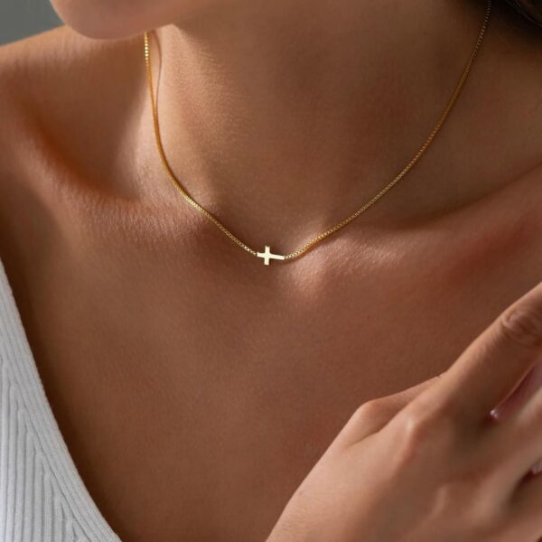 Cross Necklace for Women 14K Real Gold Silver Plated Dainty Small Cross Pendant Choker Simple Trendy Cute Cross Charm Chain Necklace Easter Basket Stuffers Baptism Religious Faith Jewelry Gift - Image 3