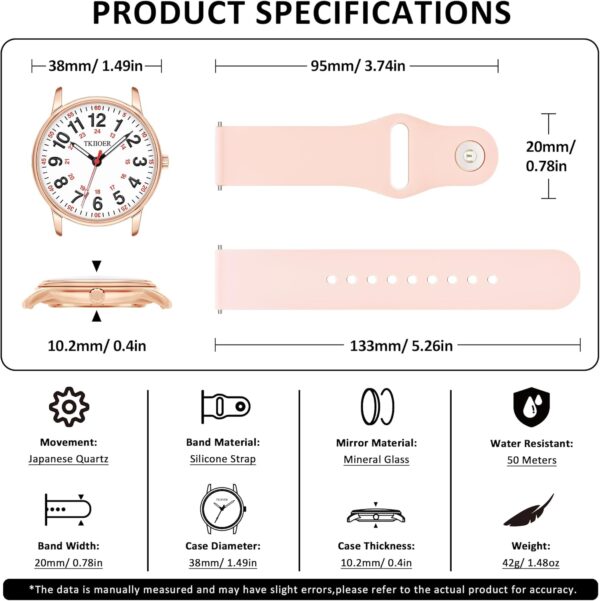 Nurse Watch for Nurse Medical Professionals Students Women Men, 50M Waterproof 12/24 Hour Military Time Luminous Easy Read Dial, Second Hand Watch for Nursing - Image 6
