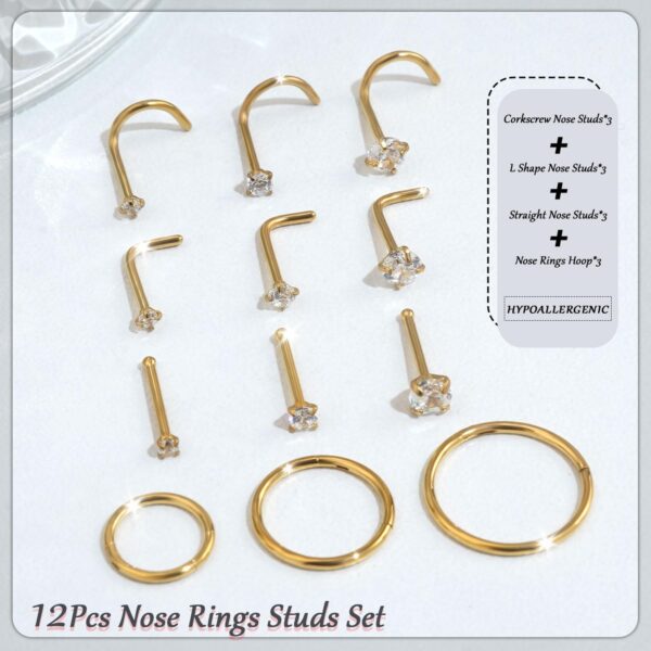 18g Nose Rings Hoop and 20g Nose Studs Sets for Women Men,Hypoallergenic 316L Surgical Stainless Steel Hinged Clicker Segment Nose Rings Hoop Helix Cartilage Daith Tragus Sleeper Earrings Silver Gold Black L Shape/Corkscrew/Straight Nose Studs Real Body Piercing Jewelry - Image 6