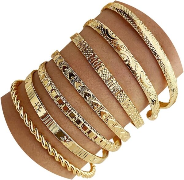 IFKM Gold Bangle Bracelets For Women, 14k Gold Plated Multi Layer Stackable Cuff Bracelet Set, Trendy Elegance Charms Non Tarnish Minimalist Textured Boho Jewelry Gift for Women - Image 2