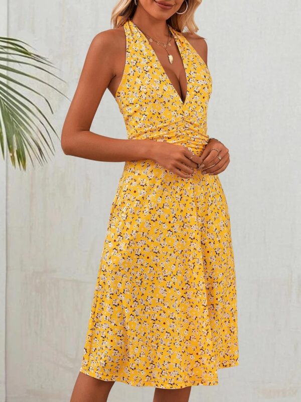 HUHOT Women's Summer Sundress Sleeveless Halter Neck Spring 2025 Floral with Pocket Elastic Waist Ruffle Mini Dresses - Image 9