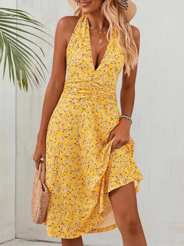 HUHOT Women's Summer Sundress Sleeveless Halter Neck Spring 2025 Floral with Pocket Elastic Waist Ruffle Mini Dresses - Image 8