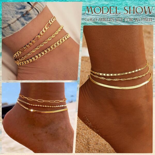 iF YOU Gold Ankle Bracelets for Women, 14k Gold Plated Waterproof Cuban Link Chain Anklets Set, Layered Anklet Bracelets for Women Beach Gift Adjustable Size 5pc - Image 3