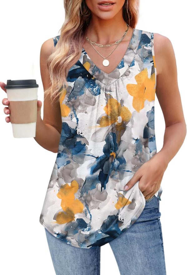 OFEEFAN Tank Top for Women Loose Fit Sleeveless Shirts V Neck Summer Clothes Ruched Women's Tees and Tanks Curved Hem - Image 3