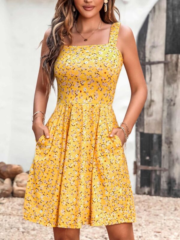 HUHOT Women's Summer Casual Square Neck Dress with Pocket Cute Sleeveless High Waist A-line Sundress Midi Dresses - Image 3