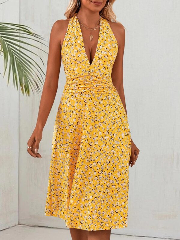 HUHOT Women's Summer Sundress Sleeveless Halter Neck Spring 2025 Floral with Pocket Elastic Waist Ruffle Mini Dresses - Image 7
