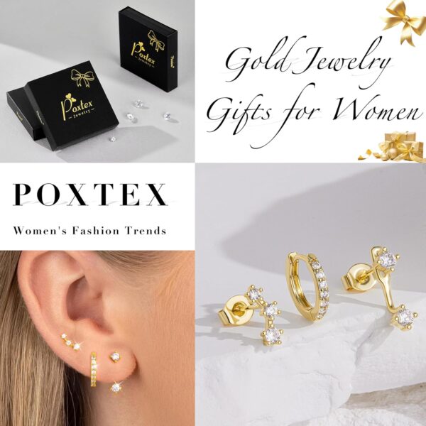 Gold Stud Earrings Set for Women, 3 Pairs Huggie Hoop Jacket Studs Earring Stacks, Hypoallergenic 925 Sterling Silver Post Dainty Birthstone Trendy Women Fashion Accessories Jewelry Gifts - Image 4
